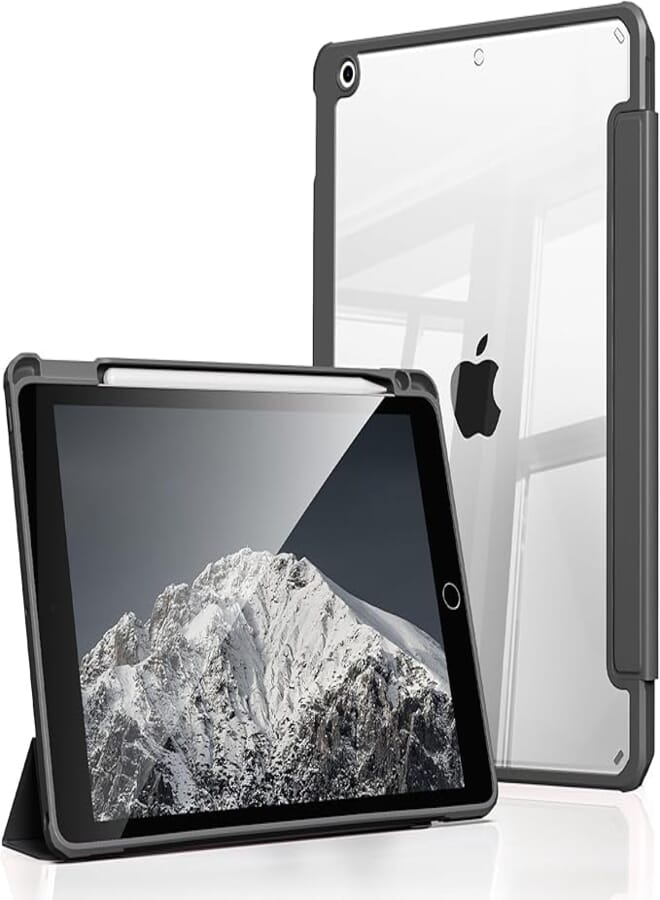 Aoub Case for iPad 9th/8th/7th Generation (2021/2020/2019), iPad 10.2 inch -[Built-in Pencil Holder] Shockproof Cover with Clear Transparent Back Shell, Black